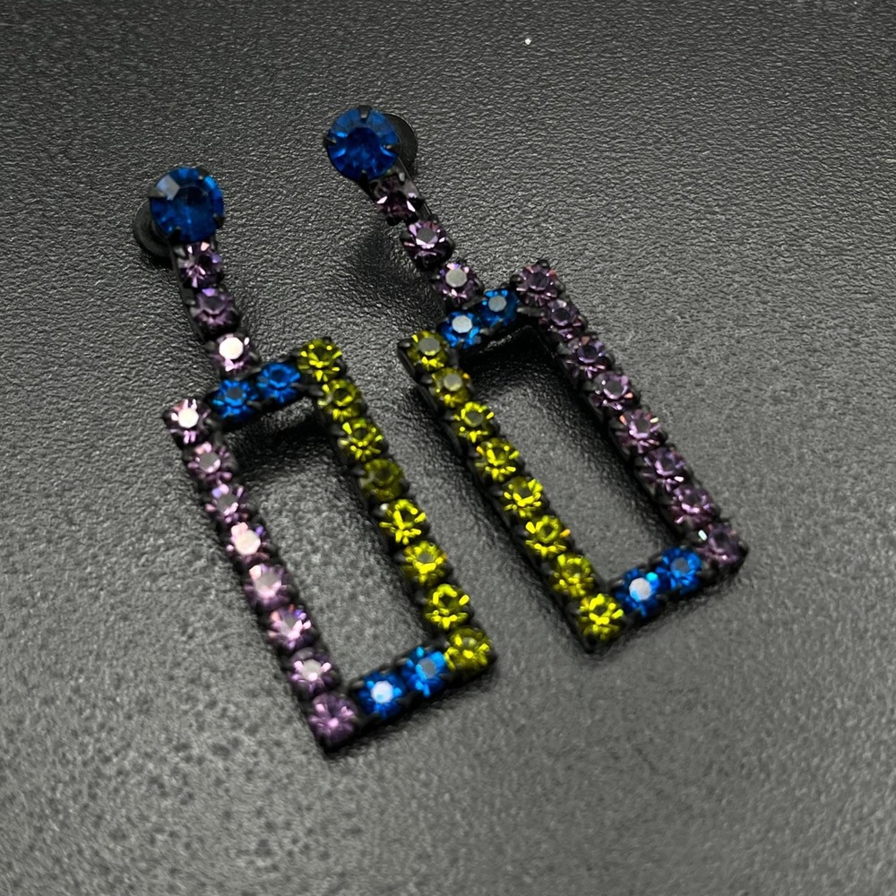 Mid-Century Japanned Rhinestone Geometric Multicolor Screwback‎ Drop Earrings